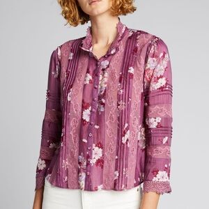 LoveShackFancy Cory Top Lace Trim Mock Neck Merlot Dusk Floral Blouse